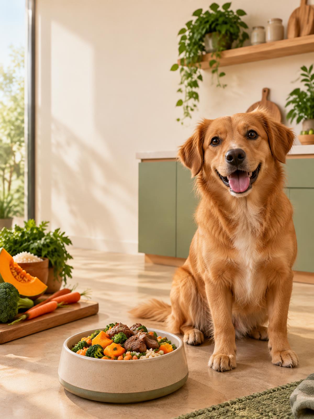 Cão feliz ao lado de um bowl com alimentação natural DogChef